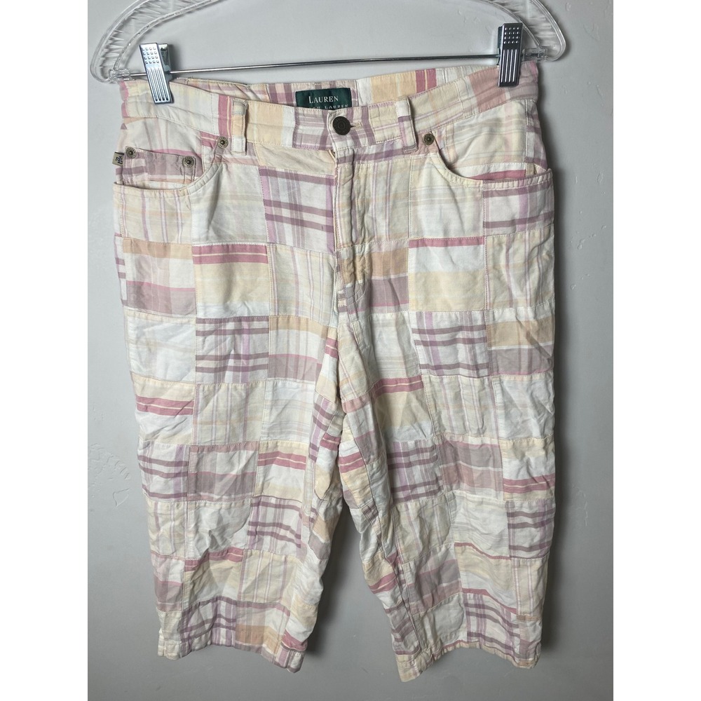 Lauren Ralph Lauren‎ Vintage 90s Patchwork Plaid Capri Pants Pink Tan Cotton 6
